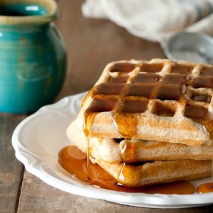 Breakfast for Dinner Maple Plums, Ham Steak and Whole Grain Waffle Stacks Yum-o